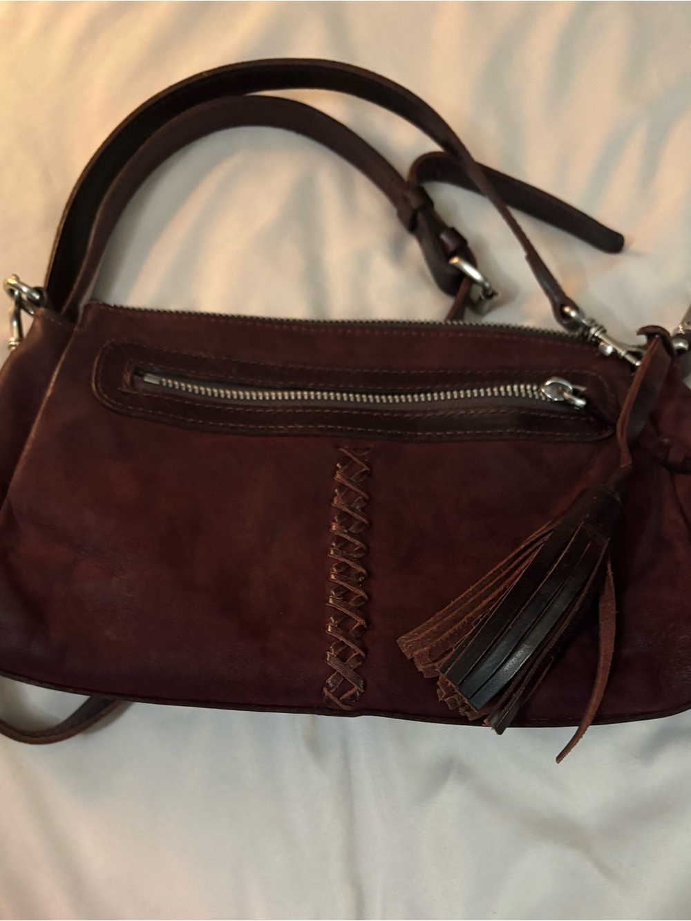 Patricia Nash Plum/ Burgundy Nubuck Suede Shoulder Bag with Tassel